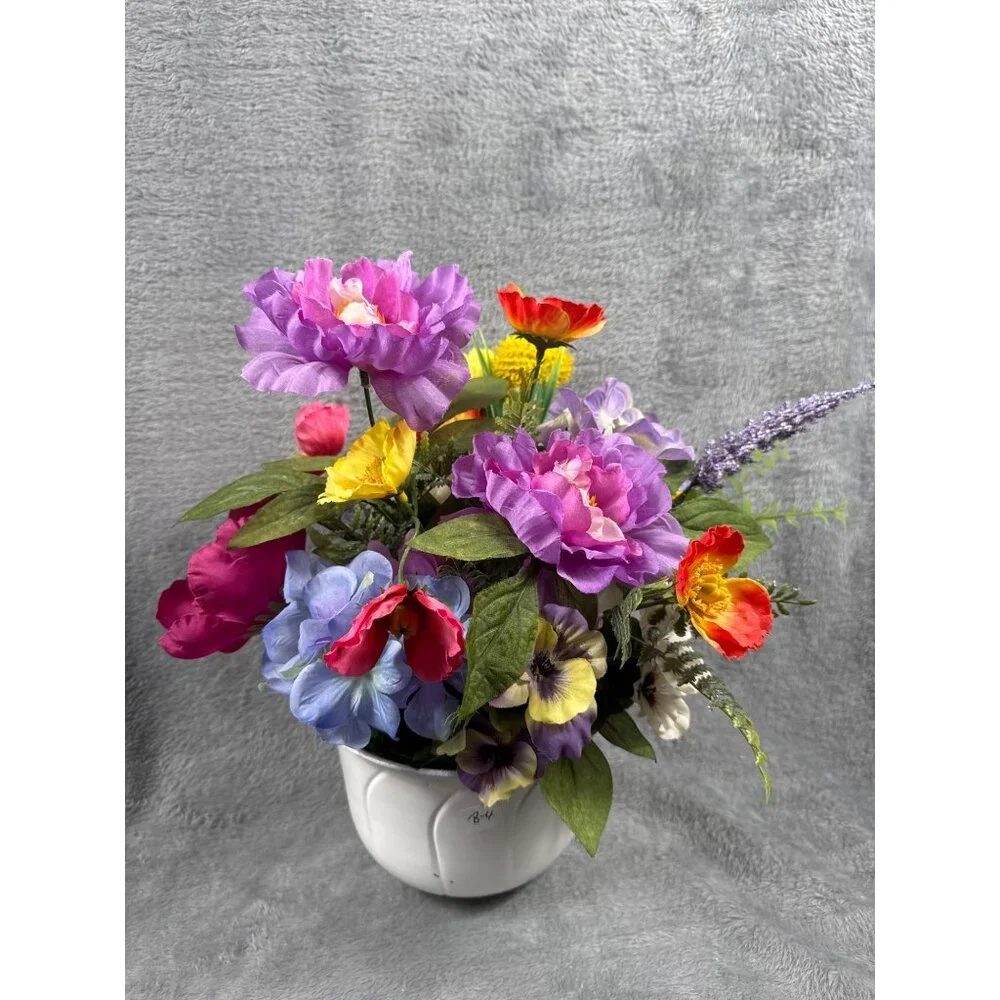Artificial Floral Arrangement In White Painted Vase - Picture 3 of 5